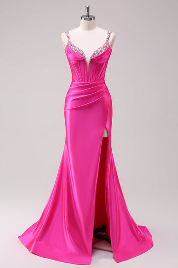 Fucsia sirena spaghetti spalline corsetto paillettes Prom Dress con fessura